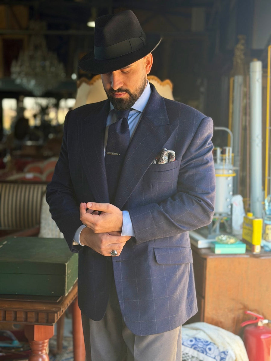 Costum checked bleumarin DRAPE — Loro Piana