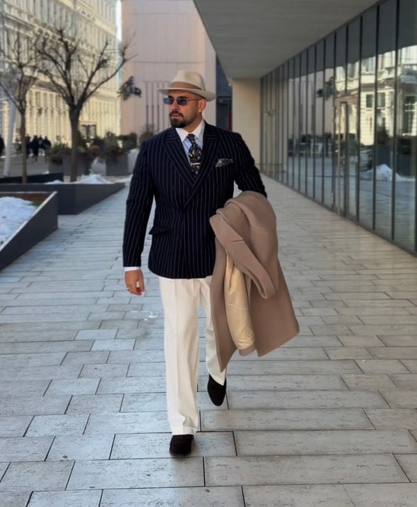 Costum pinstripe navy DRAPE — Fox Brothers